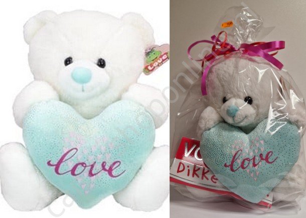 Pluche Witte Beer met Licht Blauw Hart Love 25 cm. met Chocolade Tablet Dikke Knuffel