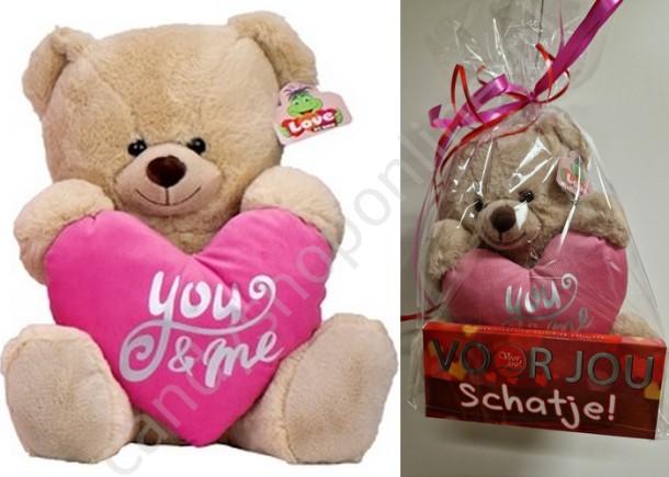 Pluche Bruine Beer met Roze Hart You & Me 25 cm. met Chocolade Tablet Schatje